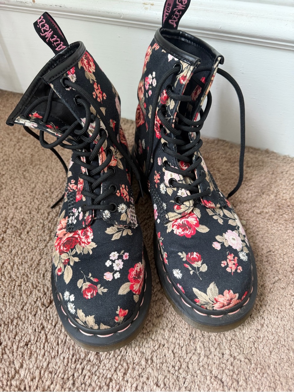 Dr. Martens Black Floral Lace-Up Combat Boots